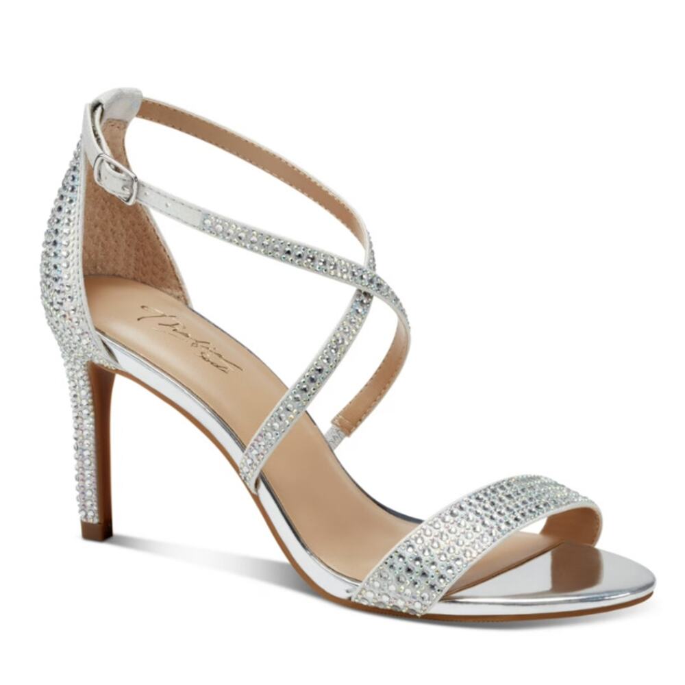 Thalia Sodi Stiletto Heel Darria Rhinestone Sandals WMNS 6M Silver Ankle Straps